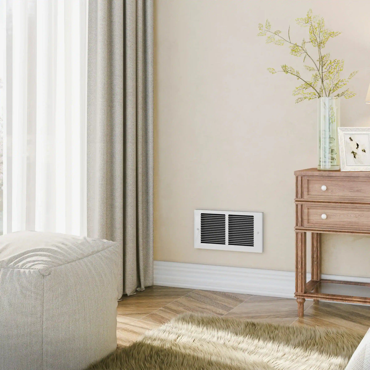 Wall-mounted air intake grille with white frame and two black slat vent sections