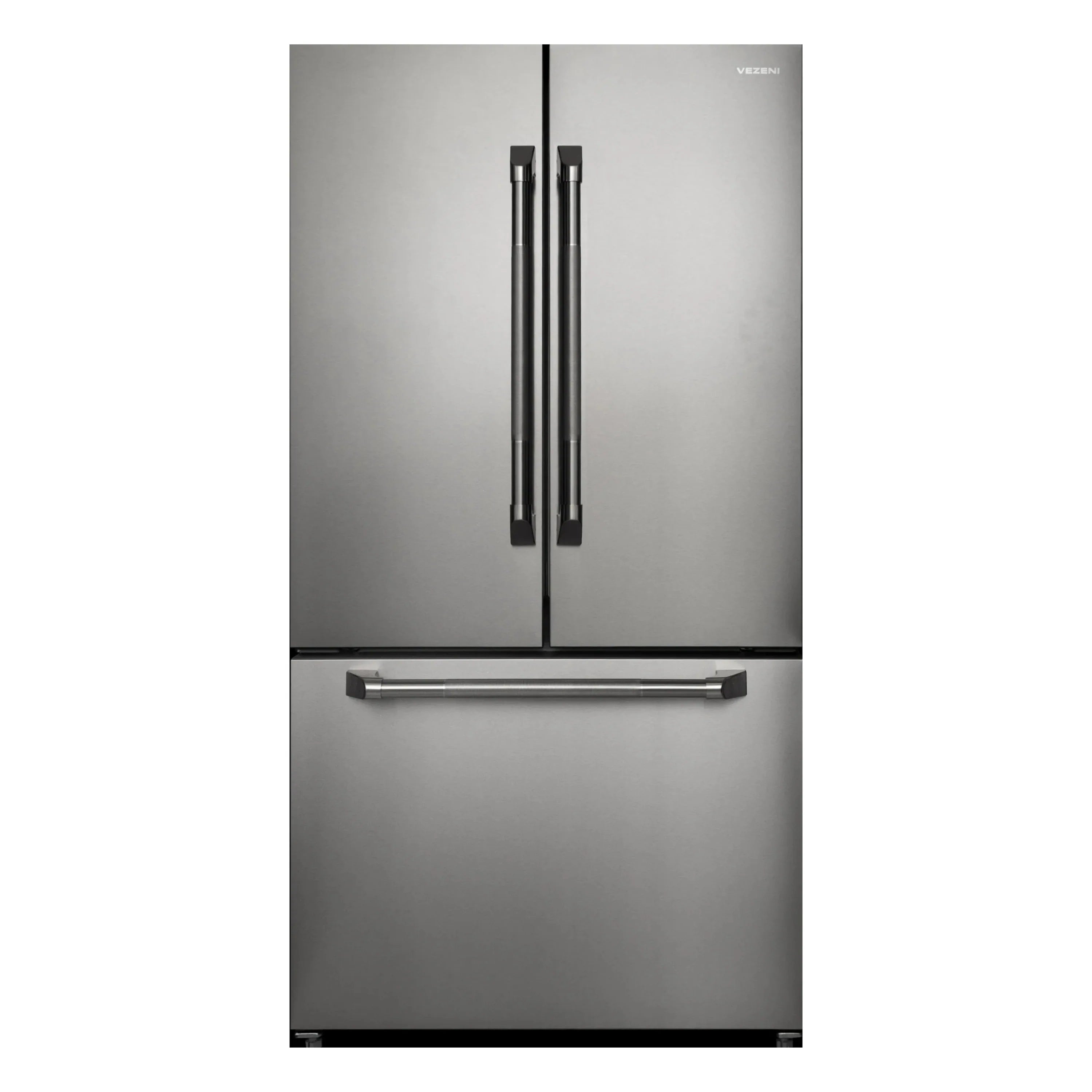 Stainless steel refrigerator front with vertical double handles and bottom freezer