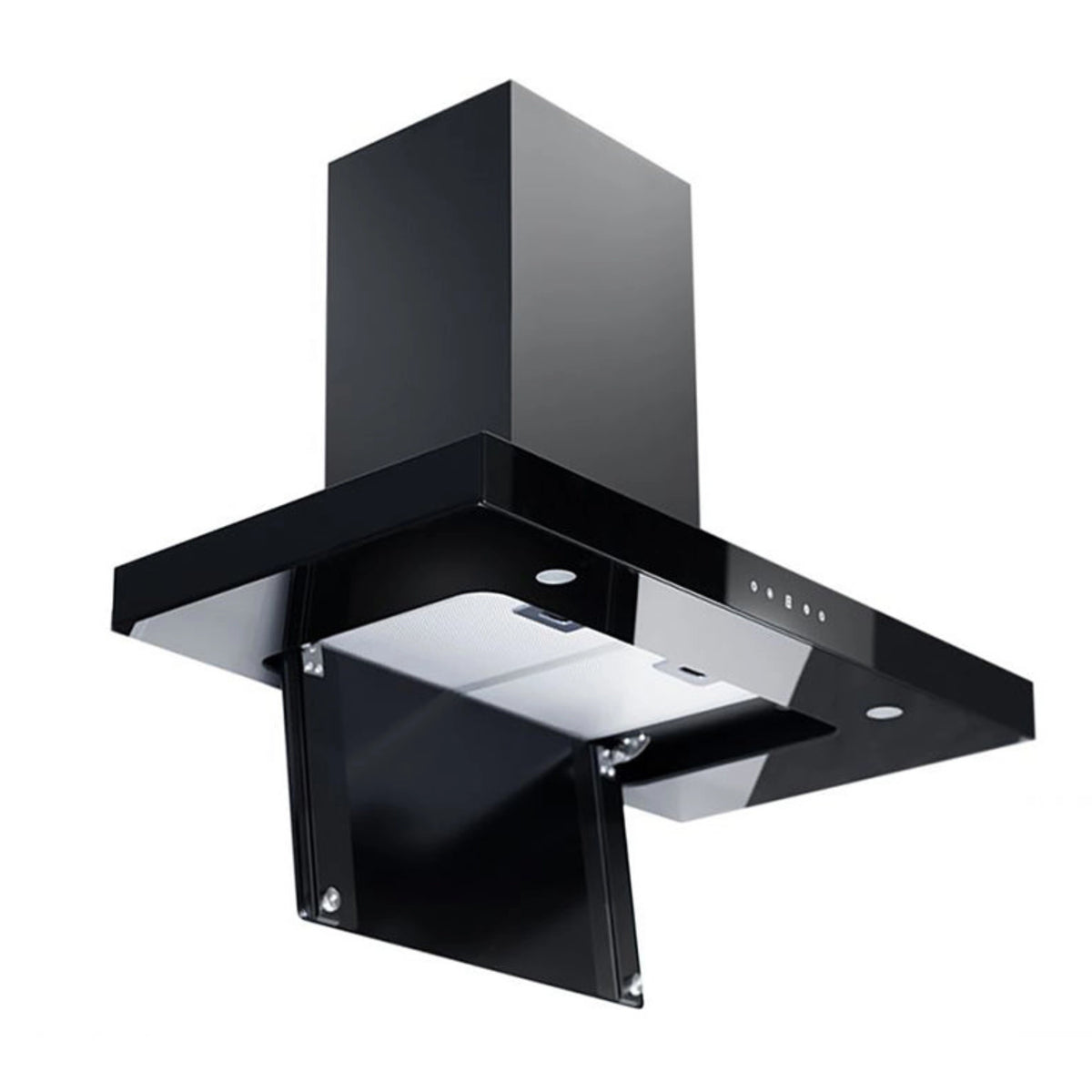 Matte black wall-mount range hood with box chimney and recessed filter tray