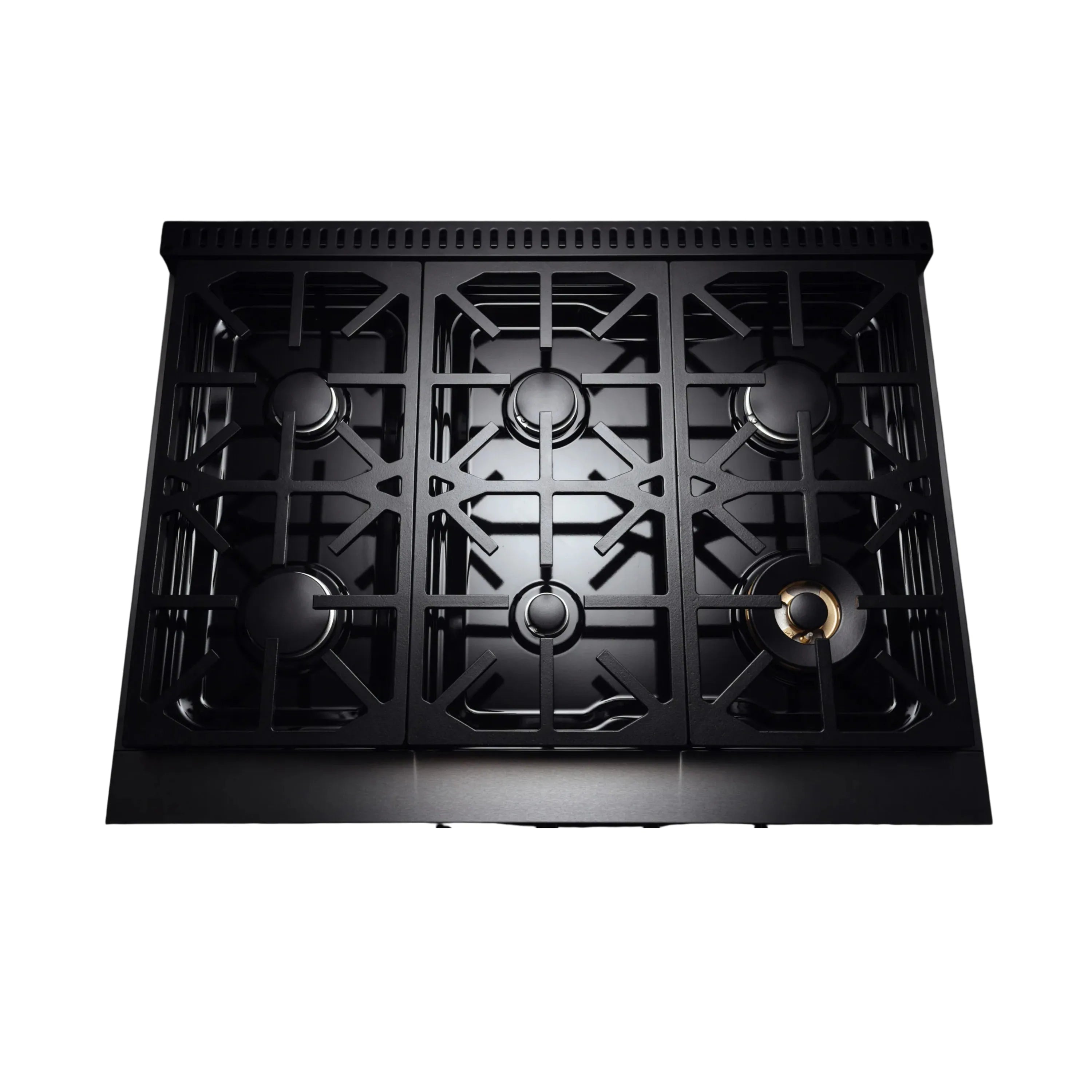 Black burner grates on stainless steel gas cooktop
