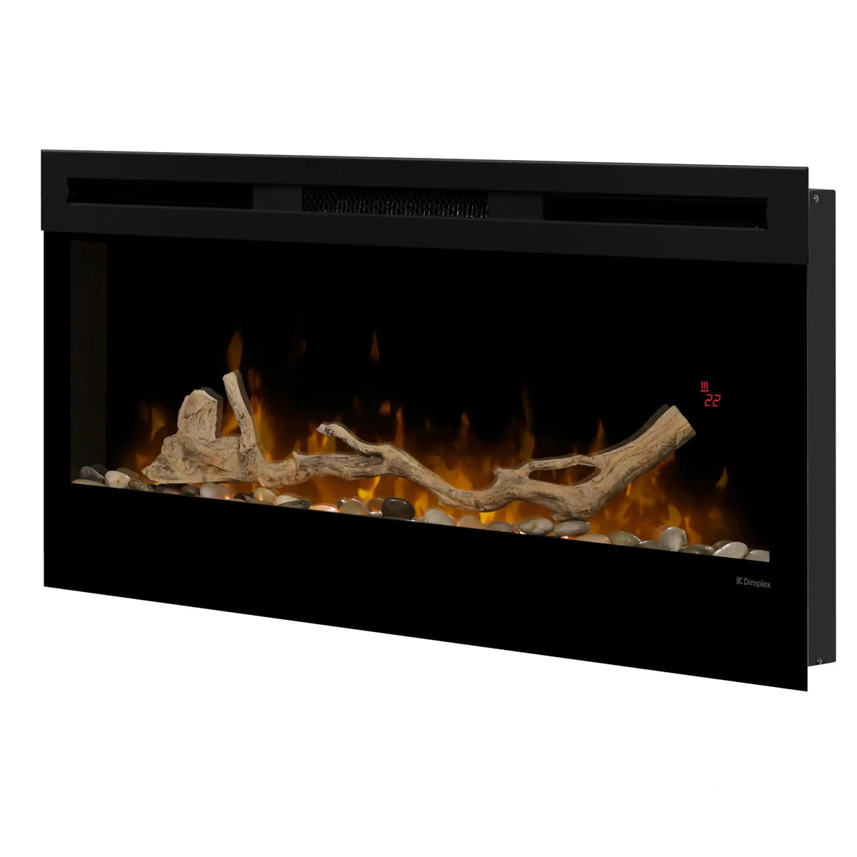 Black linear fireplace front with driftwood logs and river rock, flames in view