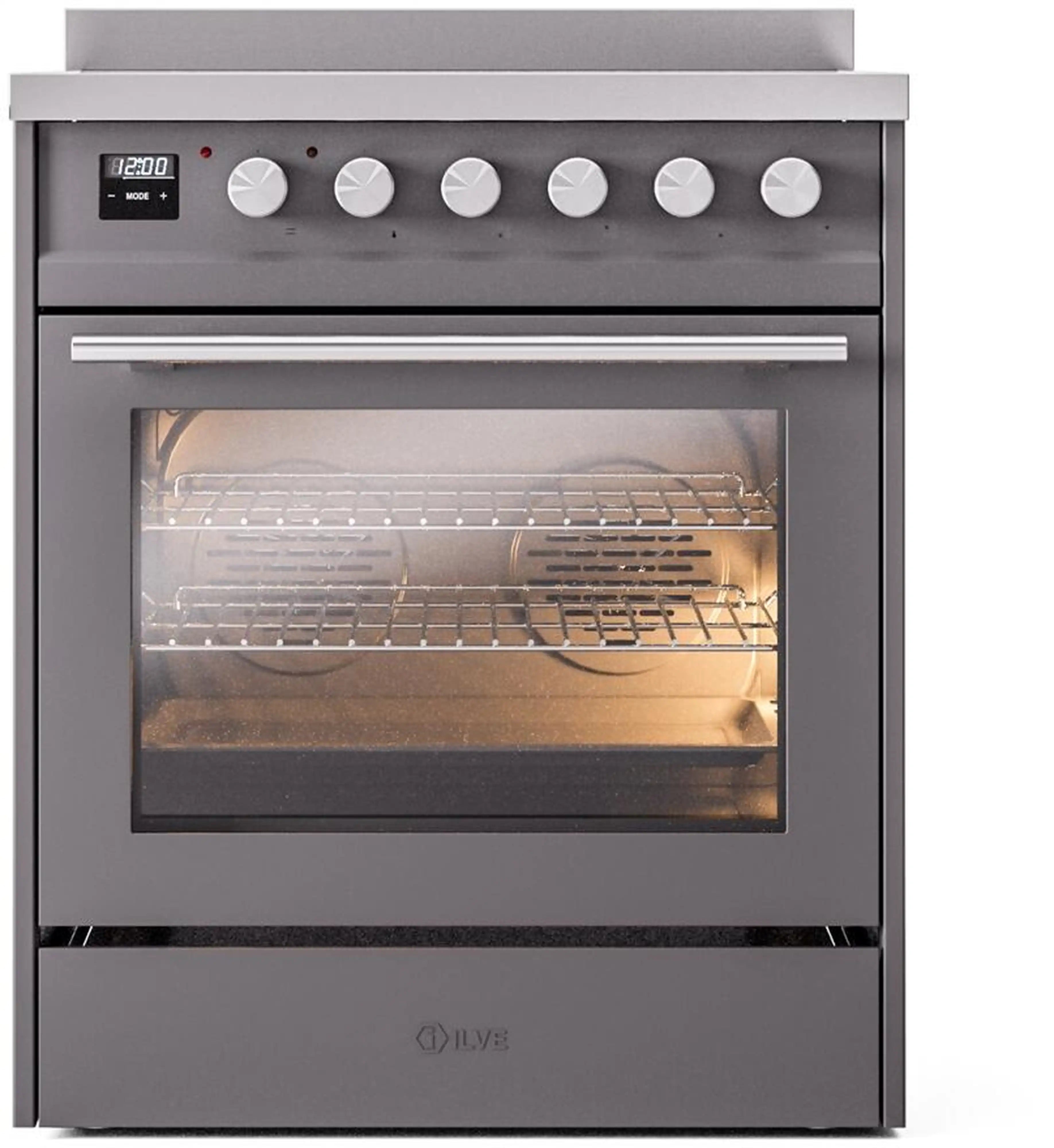 Matte graphite 30-inch induction range with lit oven interior and control dials