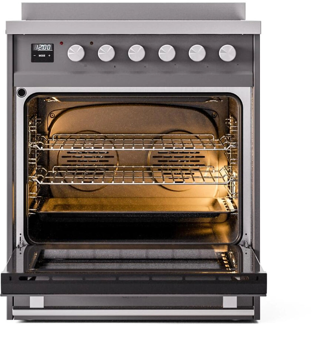 Open oven door of matte graphite induction range showing racks and heating elements