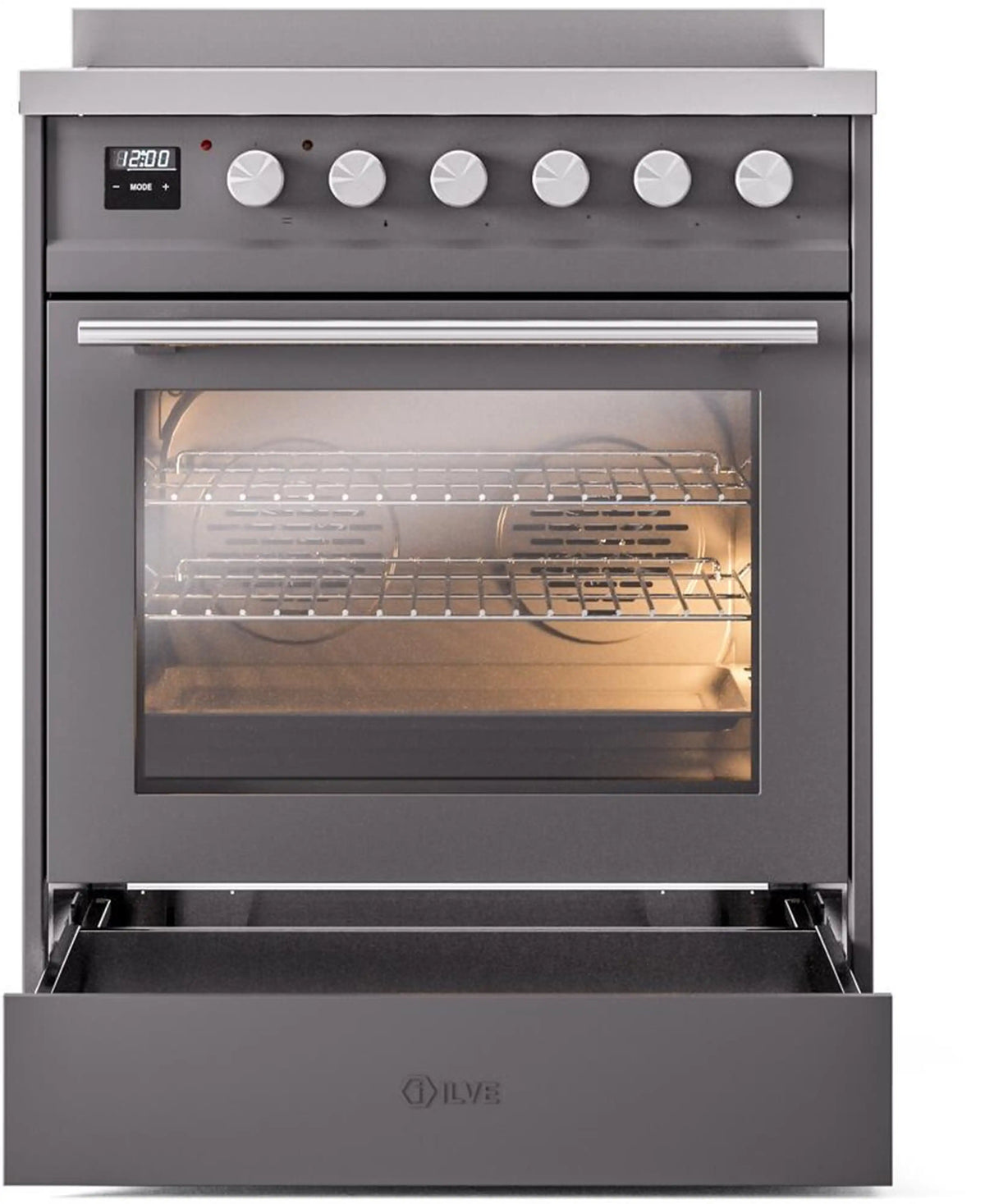 Matte graphite induction range with oven open, lit interior racks, and control dials