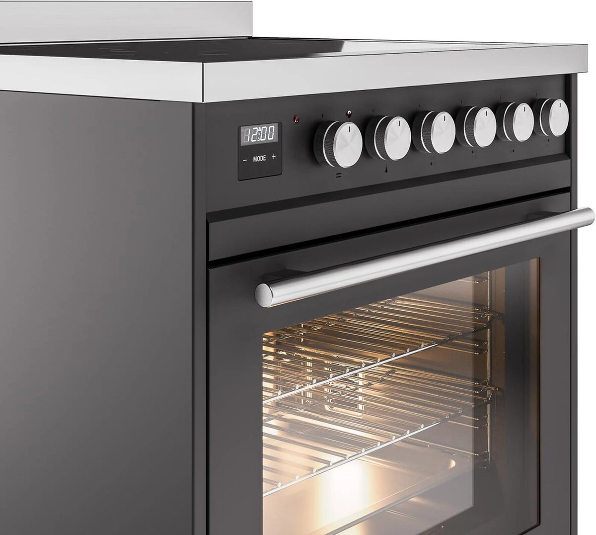 Matte graphite induction range control panel with round knobs and open oven door
