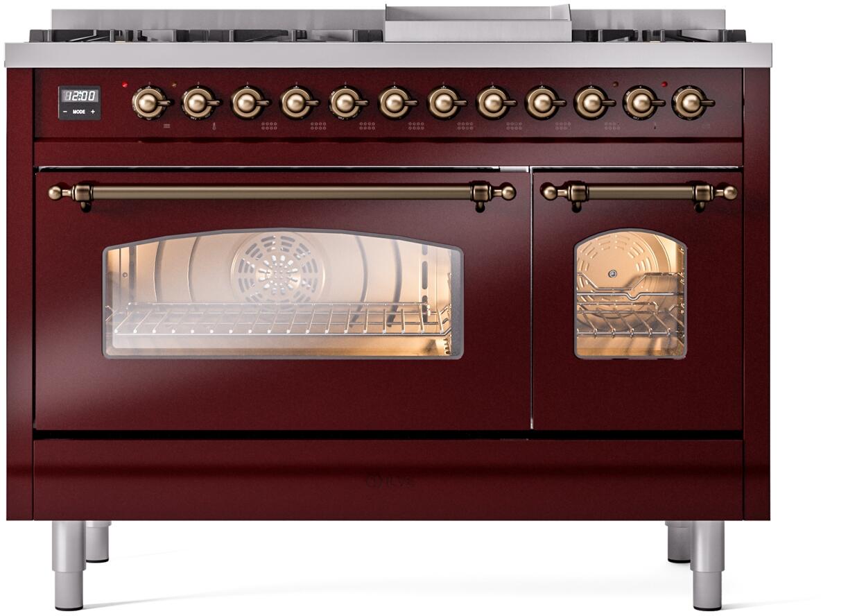 Freestanding range front with two oven doors, glass window, and bronze control knobs