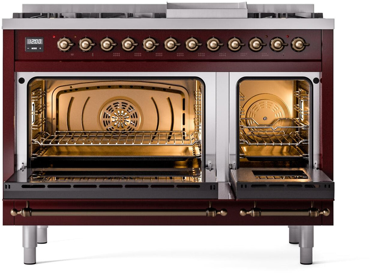 Freestanding range front with both ovens open, showing racks and fan in each
