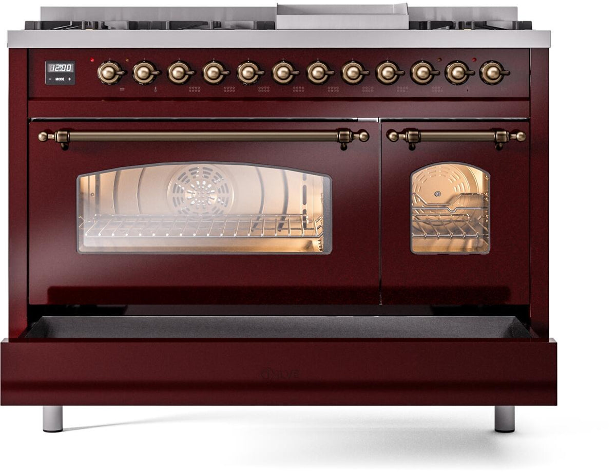 48-inch dual fuel range with oven door open and control panel above, racks inside