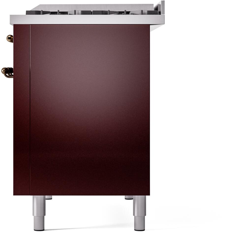 Freestanding dual fuel gas range in burgundy with bronze trim and knob handles
