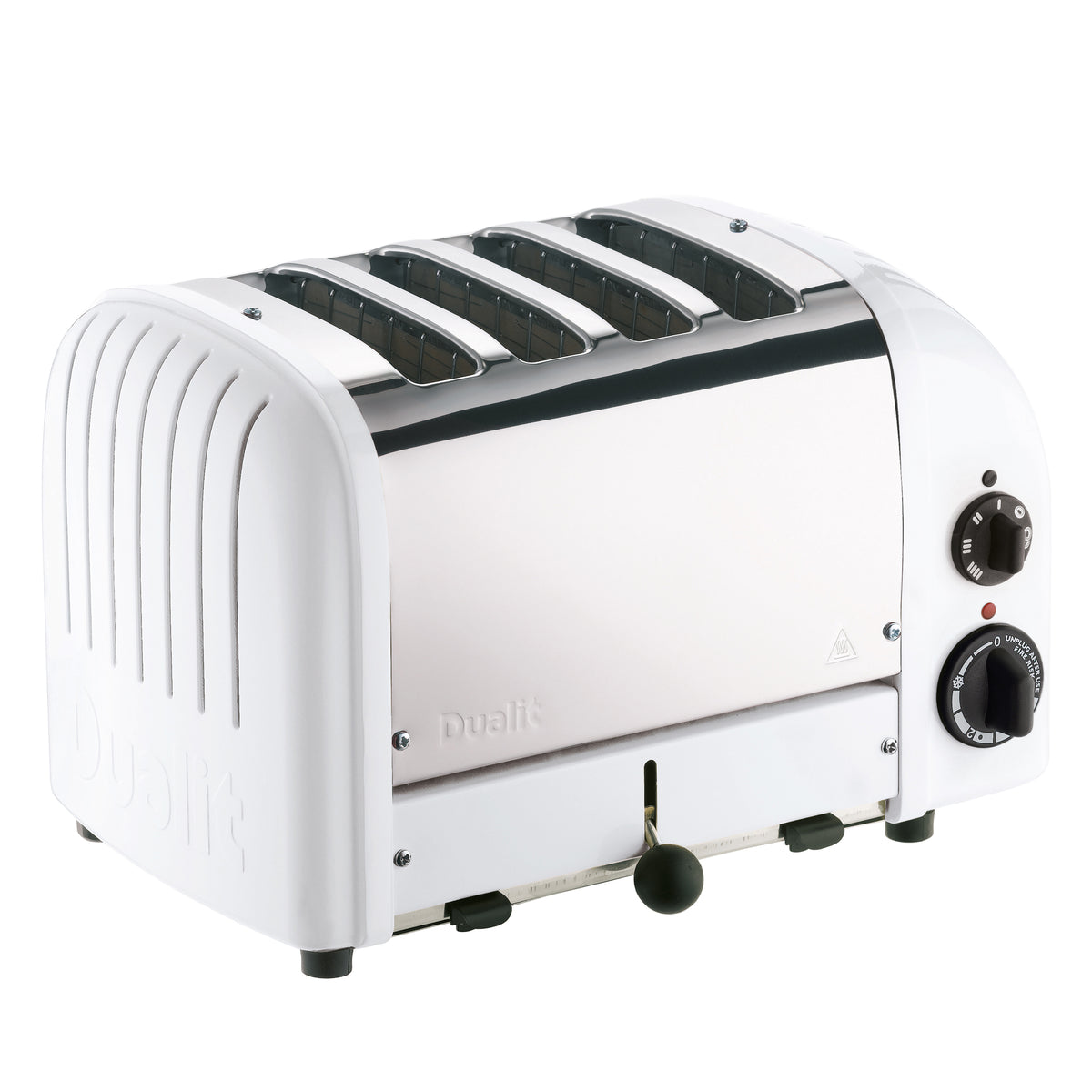 White 4-slice toaster with side dials and wide bread slots