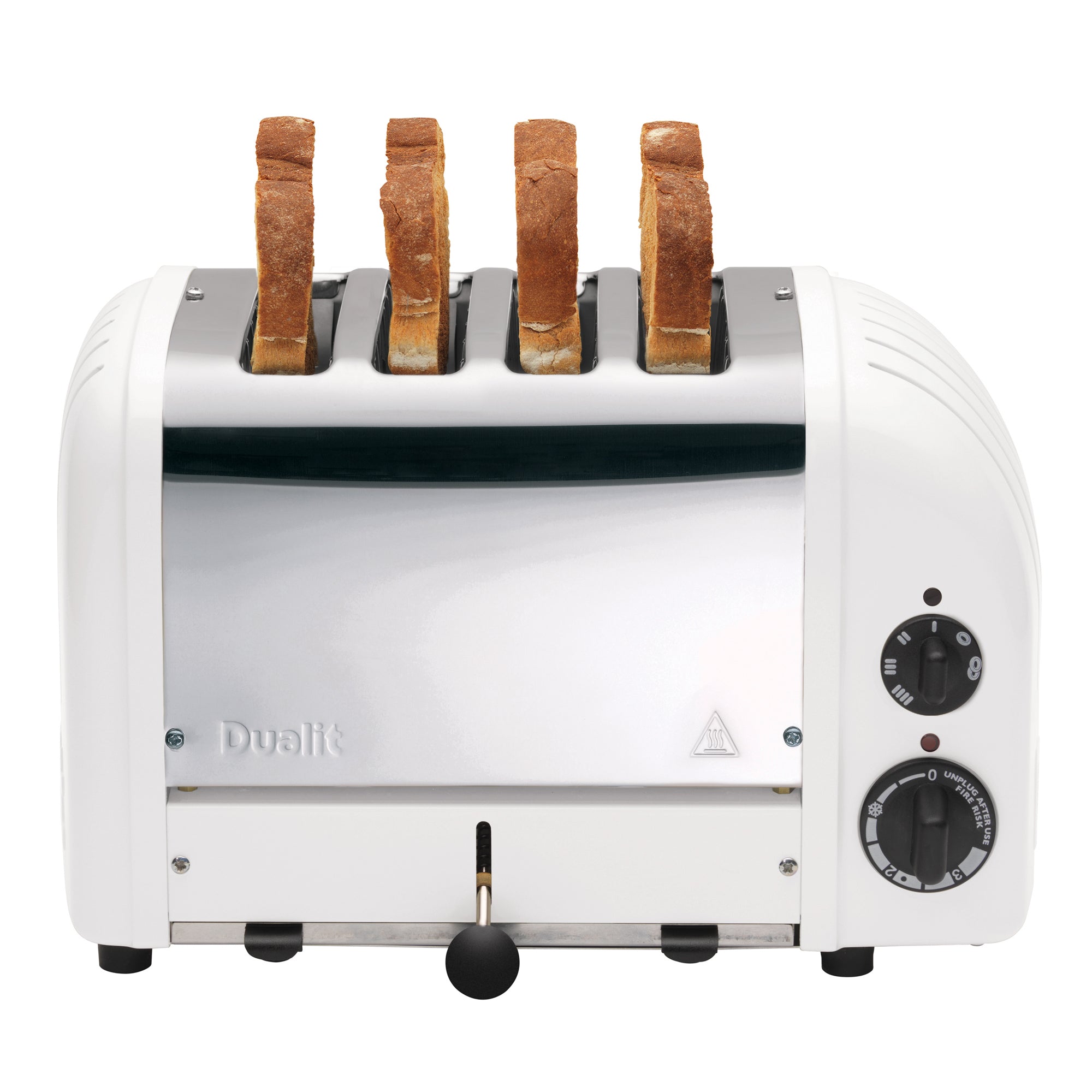 White 4-slice toaster with four toasting bread slices in the slots