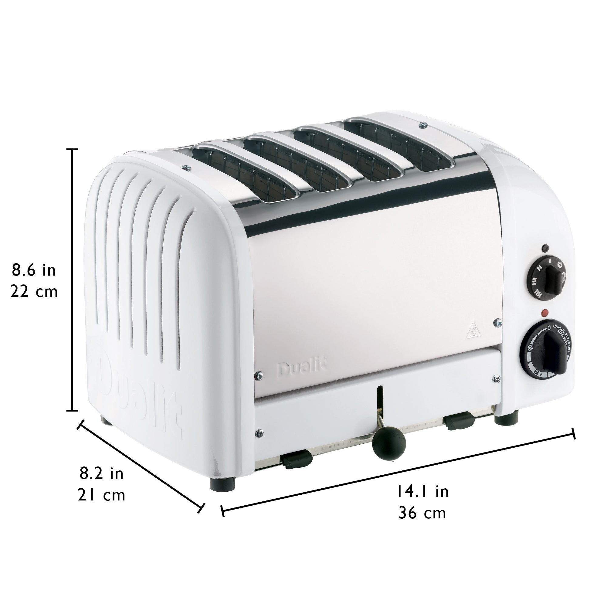 White 4-slice toaster, front view with two temperature and timer dials