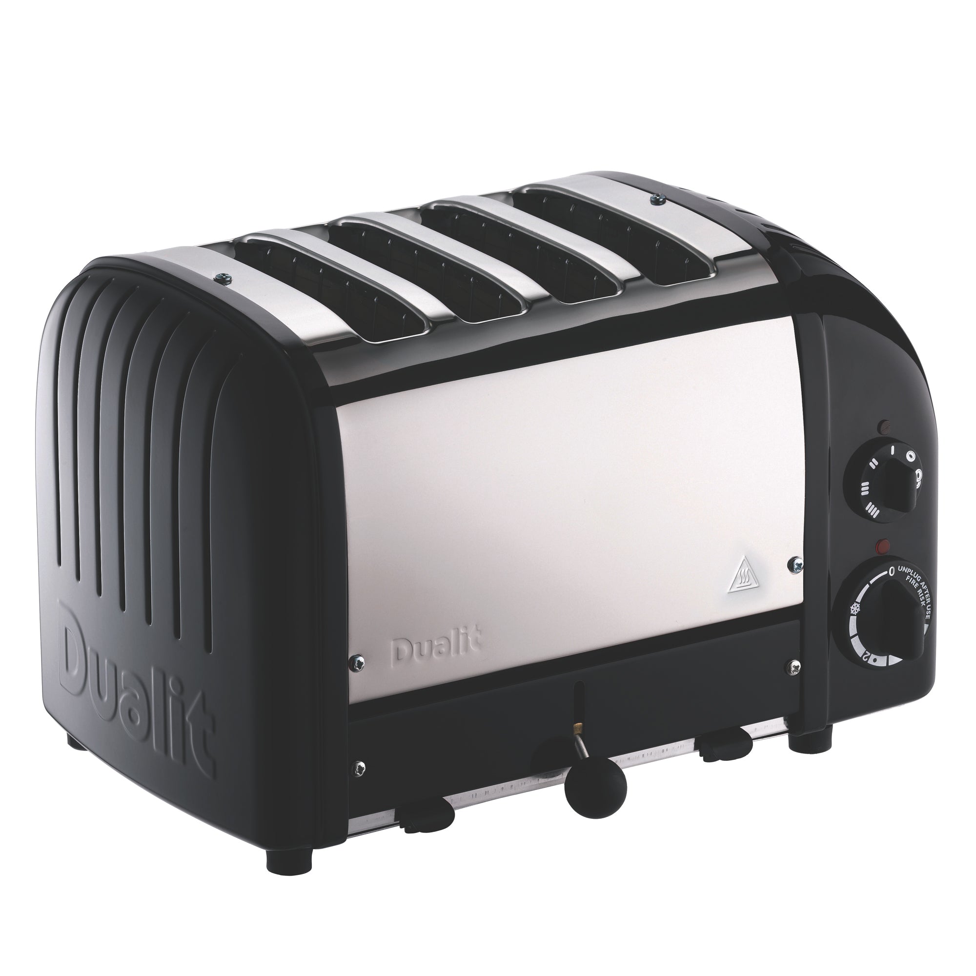 Dualit 4-slice NewGen toaster in matte black with silver front panel and two control dials