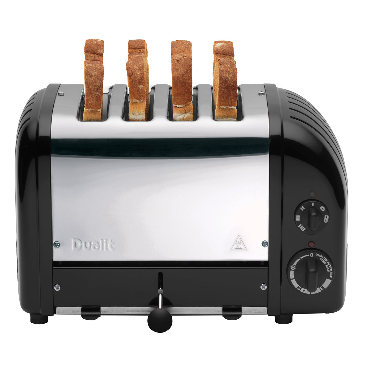 Dualit 4-slice NewGen toaster in matte black with bread slices in the slots