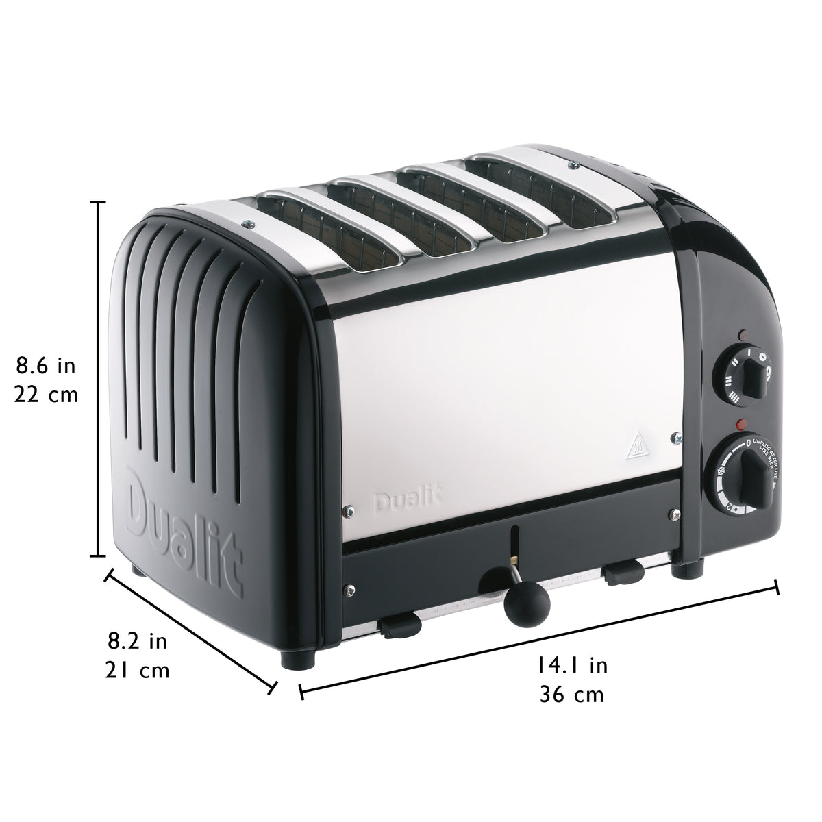 Dualit 4-slice NewGen toaster in matte black with front controls and 4 wide slots