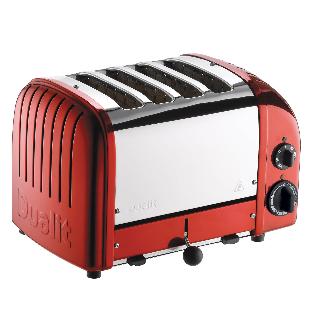 Dualit 4-slice red NewGen toaster with stainless trim and two control dials