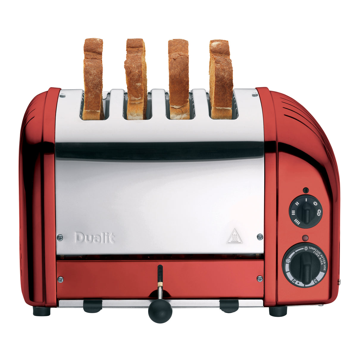Dualit 4-slice red toaster with open slots and front heating controls