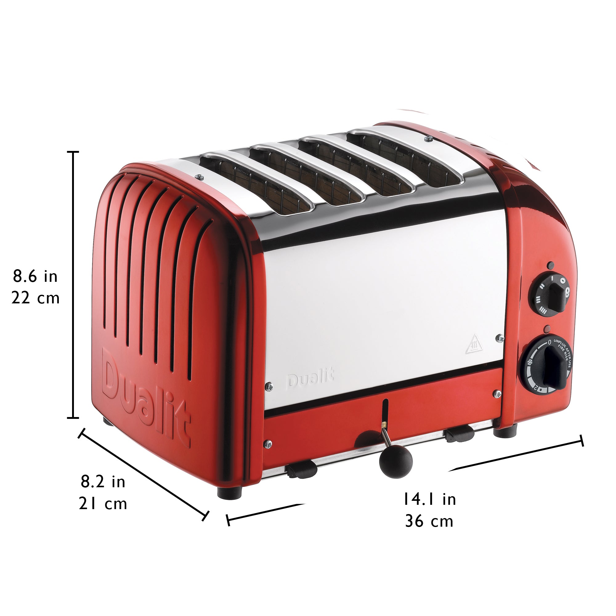 Dualit red 4-slice toaster showing height and width measurement lines