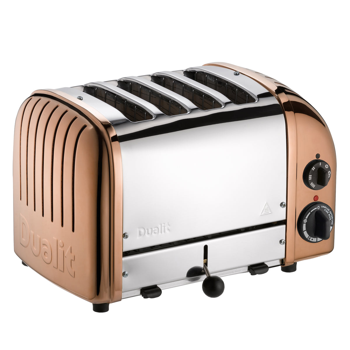 Dualit 4-slice toaster in copper and white with black browning controls