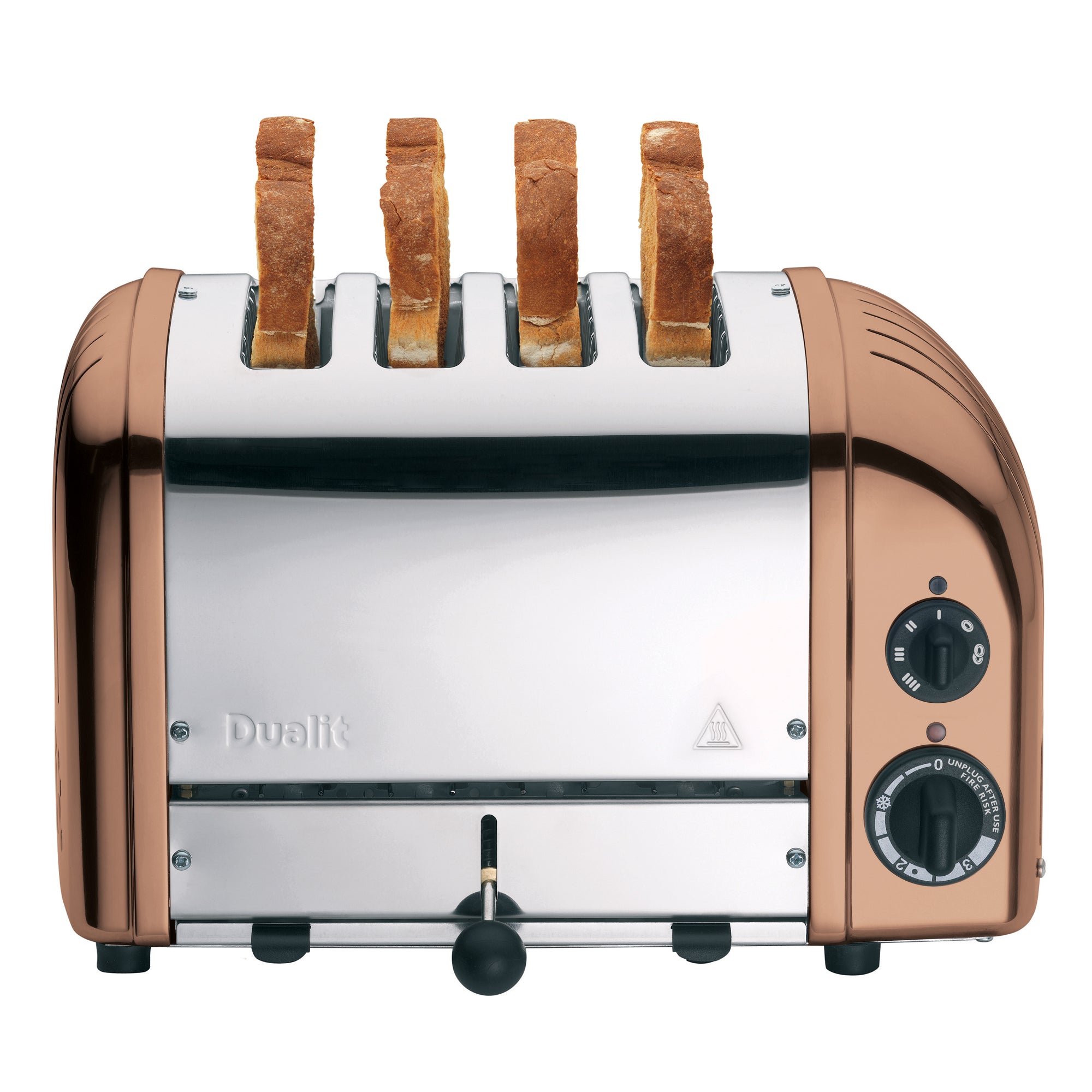Dualit copper and white 4-slice toaster front view with black browning dials