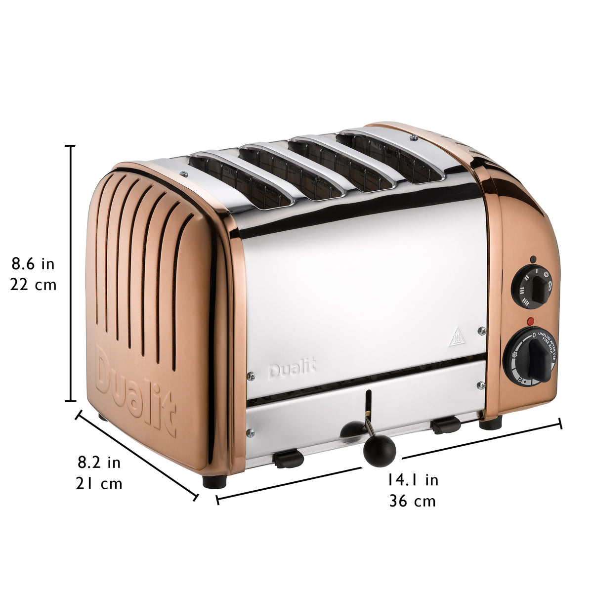 Dualit 4-slice toaster in copper and white, side angle with black lever