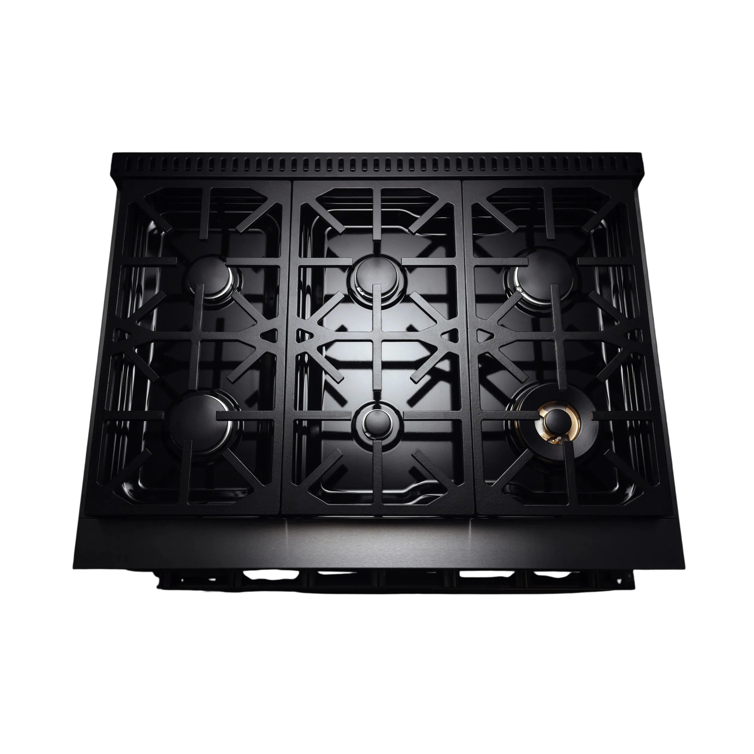 Black glass cooktop grates with six gas burners on a stainless range top