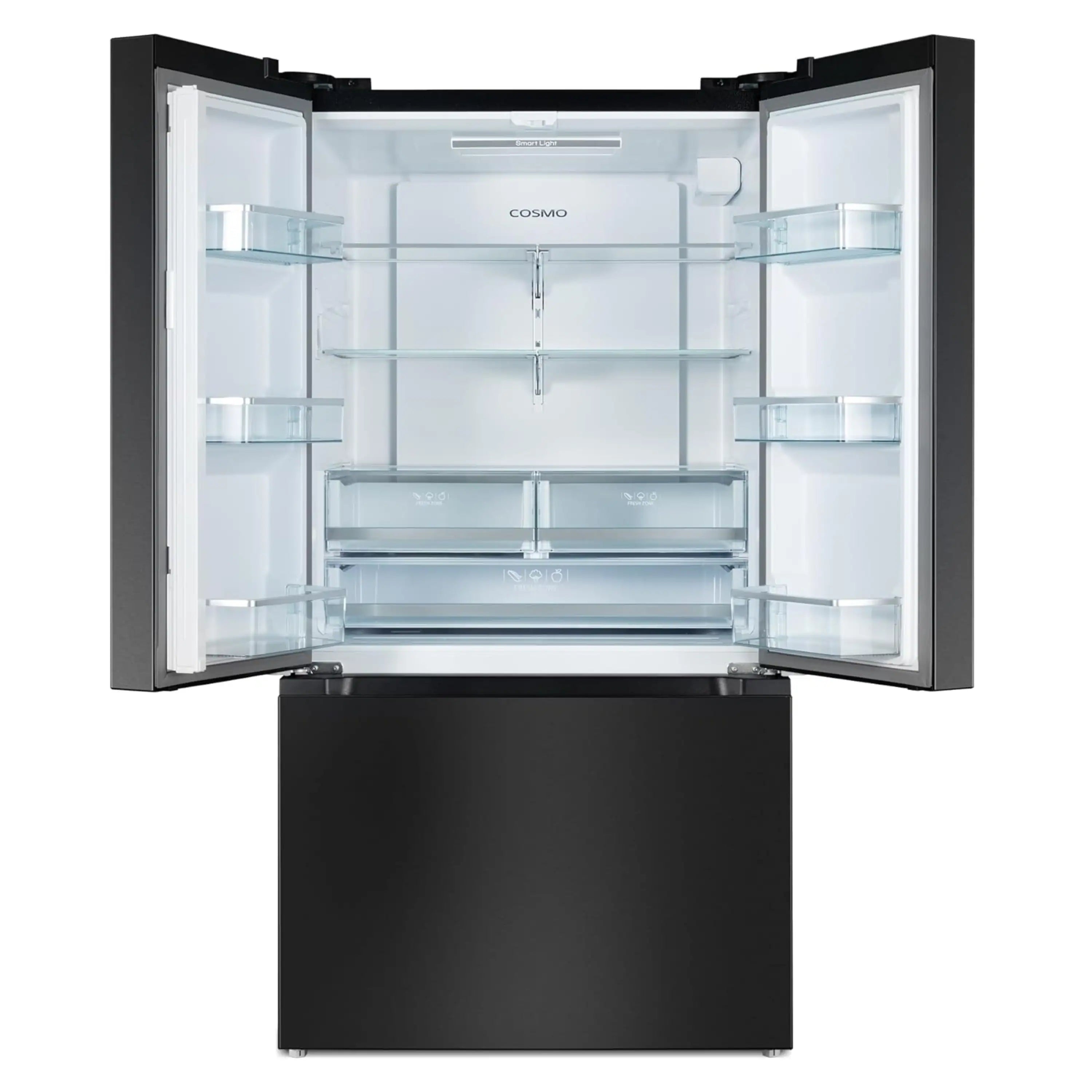 Matte black French door refrigerator with open doors and interior shelves