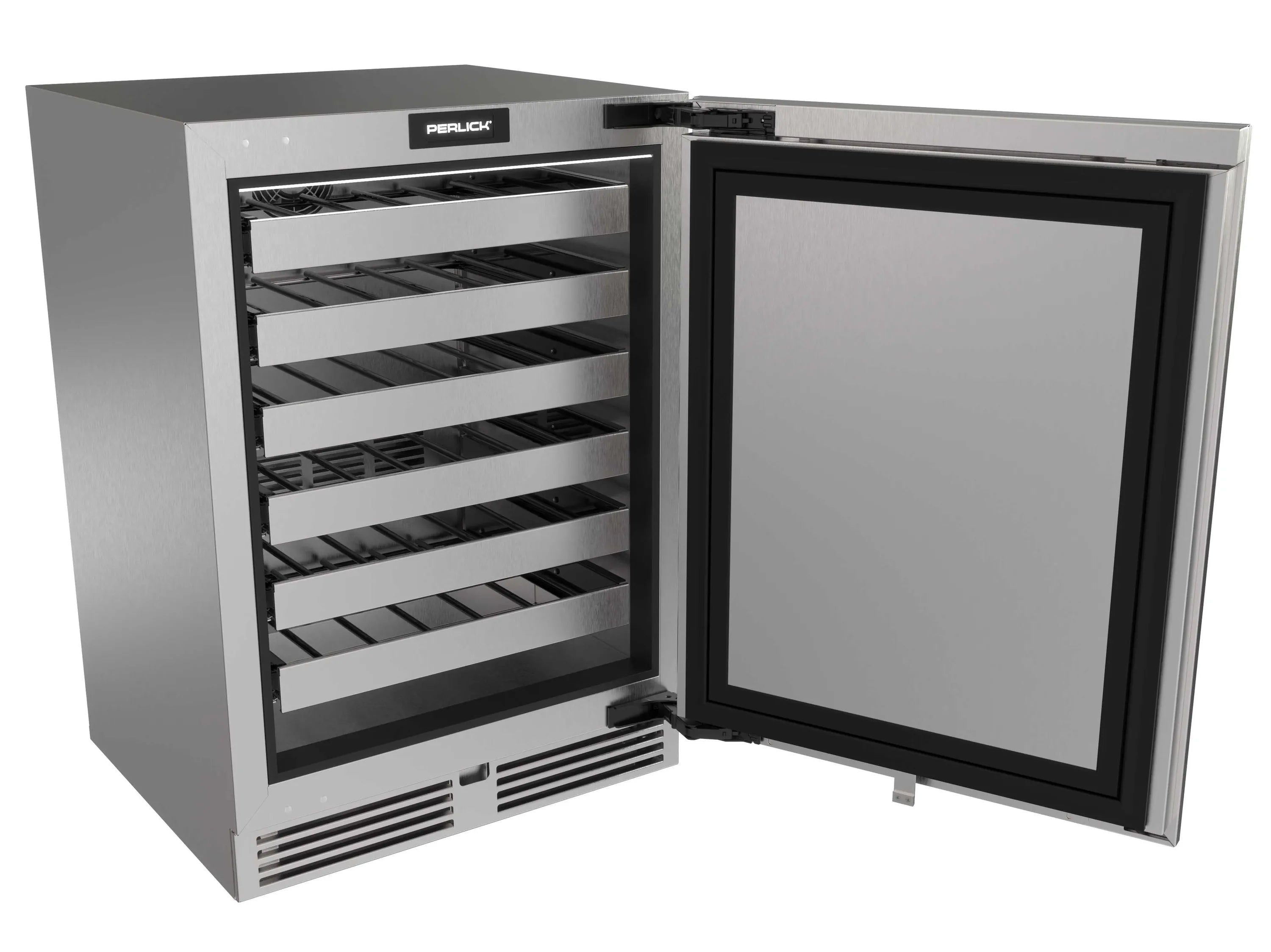 Undercounter wine cooler with open solid door, showing wire wine racks and black interior