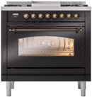 ILVE Nostalgie II 36-Inch Freestanding Natural Gas Dual Fuel Range in Glossy Black with Bronze Trim (UP36FNMPBKB)