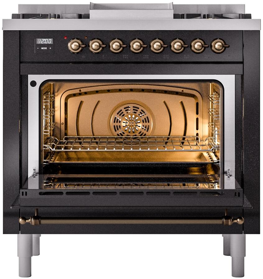 Glossy black dual-fuel range with bronze knobs and open oven door showing interior rack