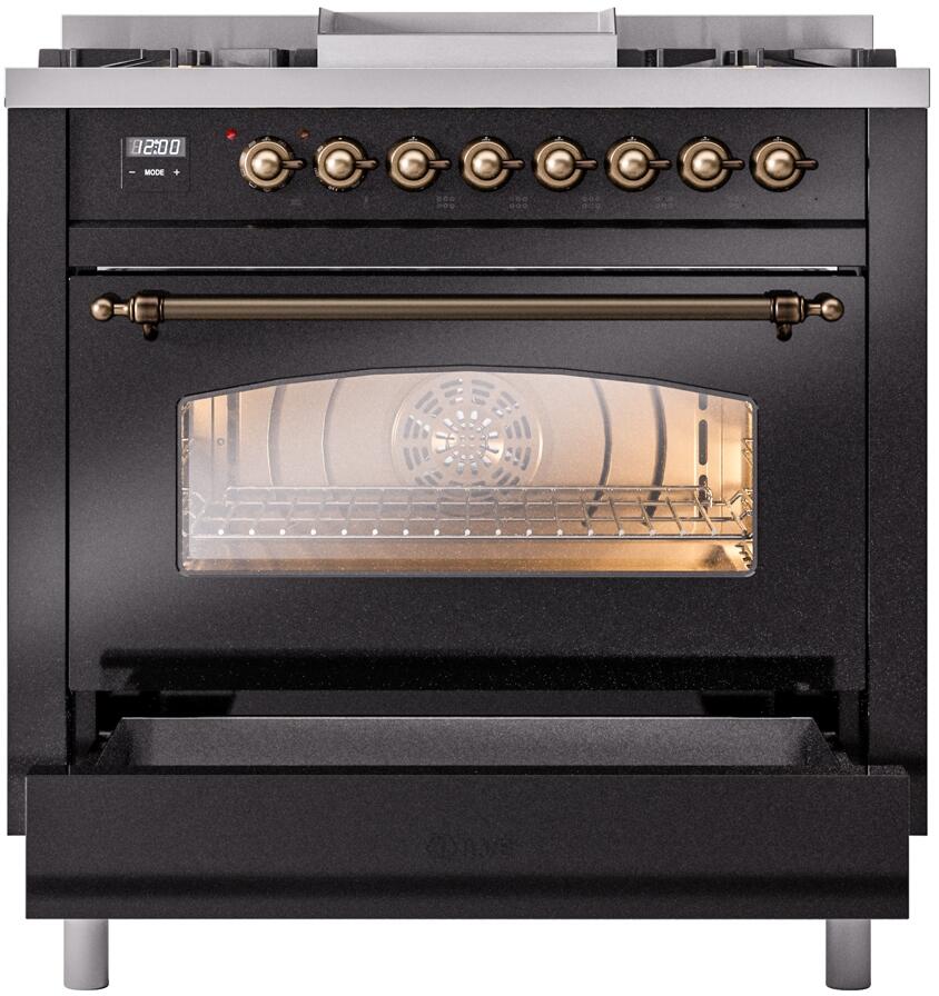 Glossy black range with bronze rail handle and oven door window, controls on backsplash