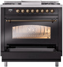 ILVE Nostalgie II 36-Inch Freestanding Natural Gas Dual Fuel Range in Glossy Black with Bronze Trim (UP36FNMPBKB)