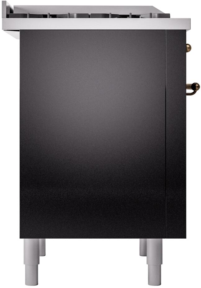 Glossy black freestanding range back panel with side knob hardware and four leveling legs