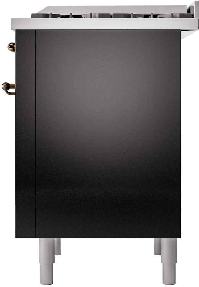 Glossy black freestanding dual fuel range side panel with bronze side handle and legs