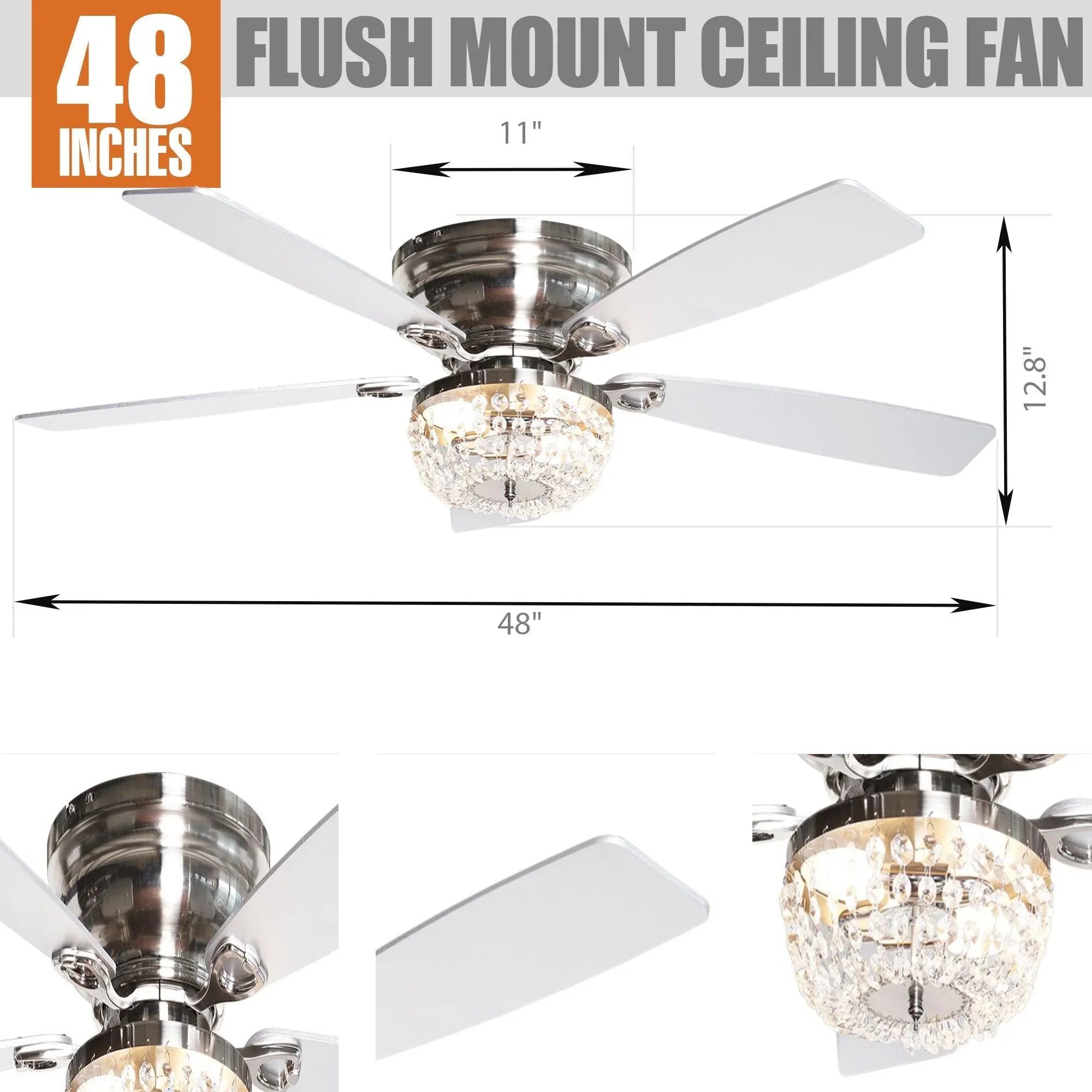 48-inch flush mount ceiling fan with crystal light and white blades, diagram view