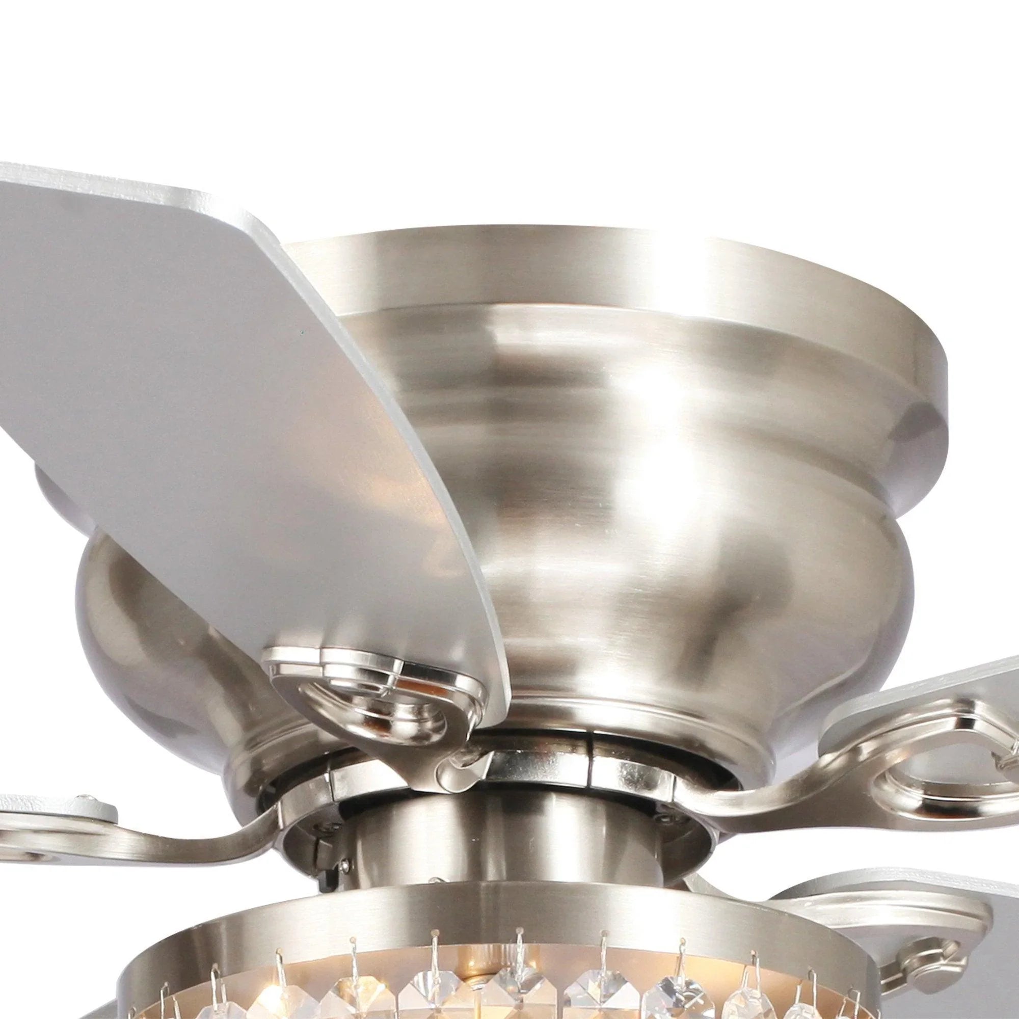 Brushed nickel flush mount ceiling fan with crystal light and curved metal canopy