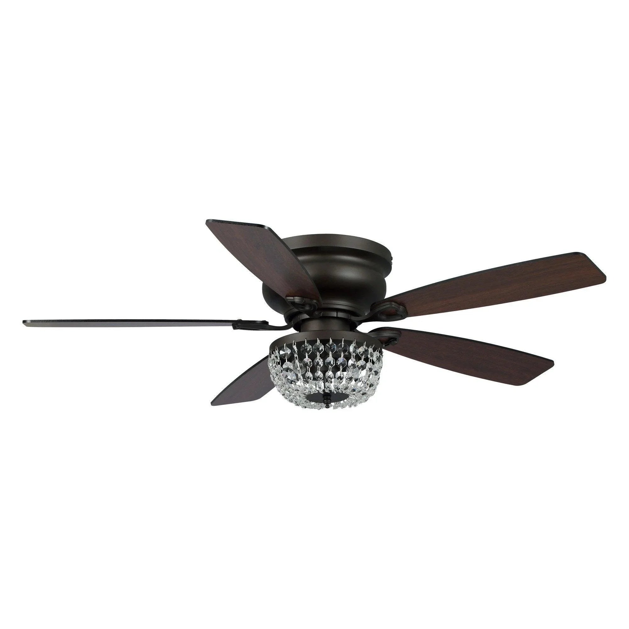 Flush mount ceiling fan with crystal light fixture and dark wood-style blades