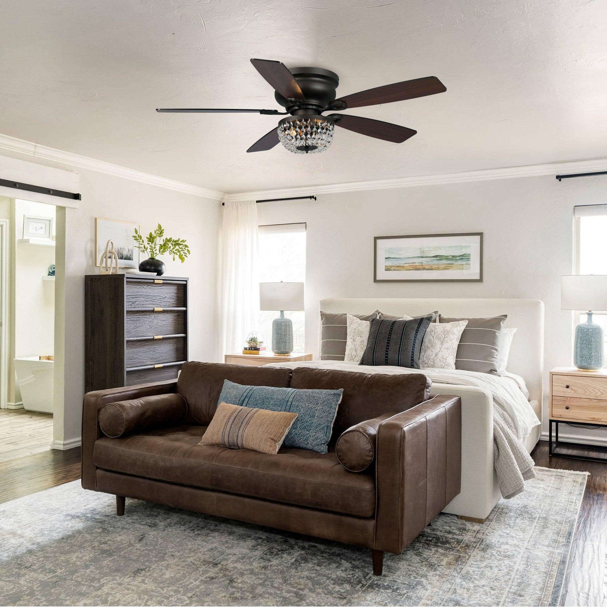 Flush mount ceiling fan with crystal light and dark wood-style reversible blades