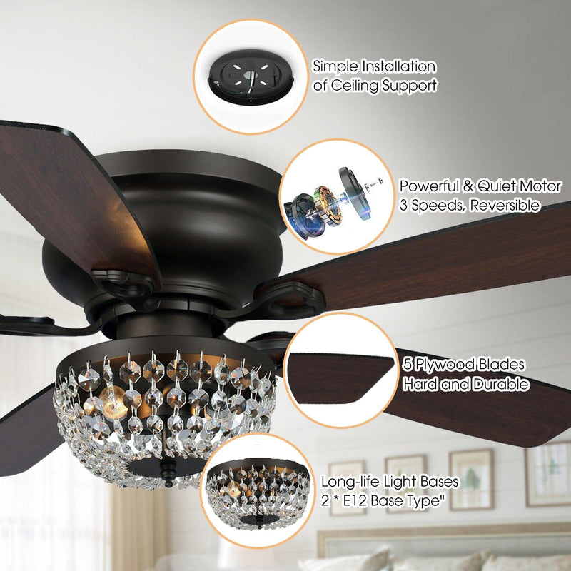 Parrot Uncle 48-Inch Modern Flush Mount Reversible Crytsal Ceiling Fan with Lighting and Remote Control