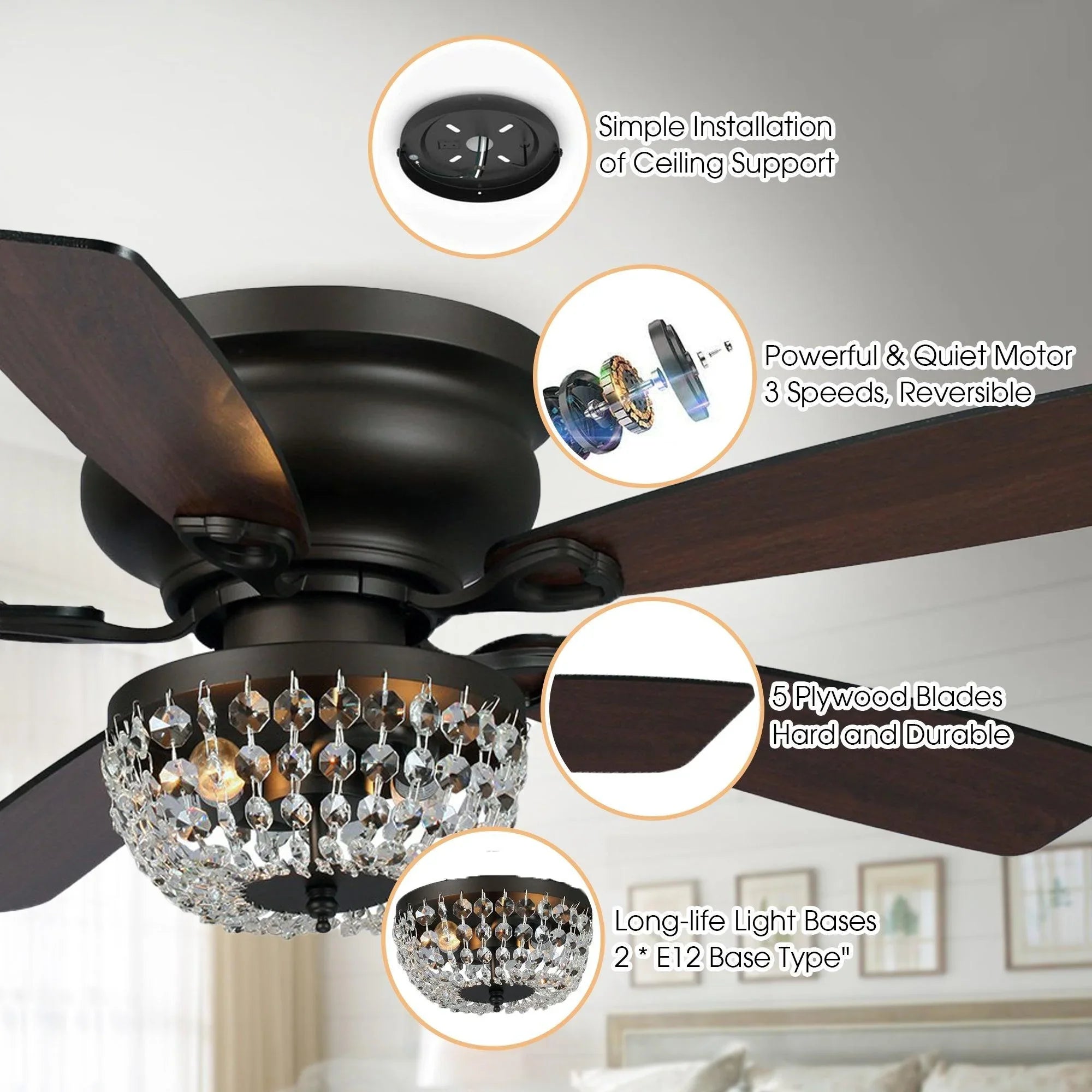 Oil-rubbed bronze ceiling fan with crystal light fixture and dark wood blades