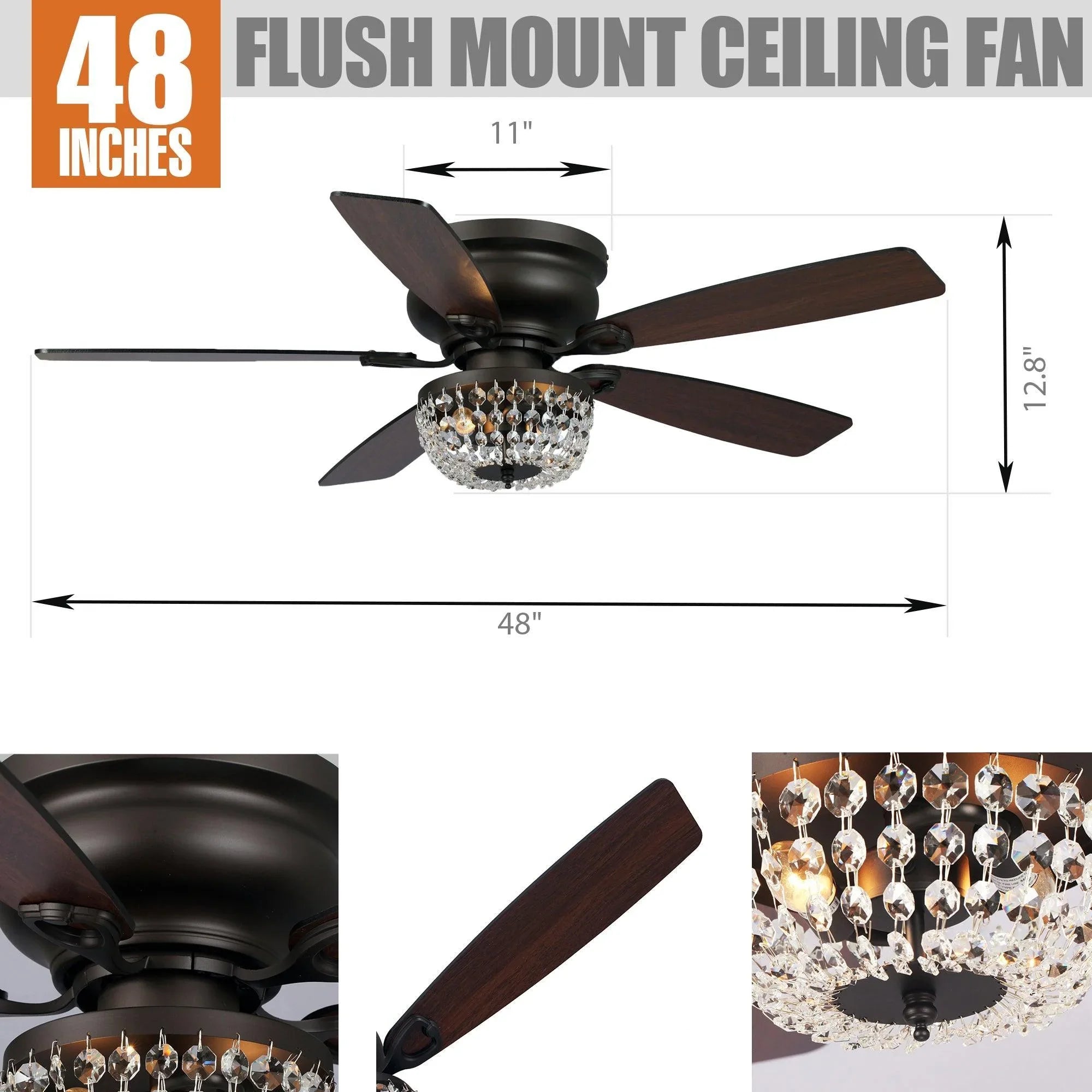 48-inch flush mount ceiling fan with crystal light and dark wood blades, diagram view
