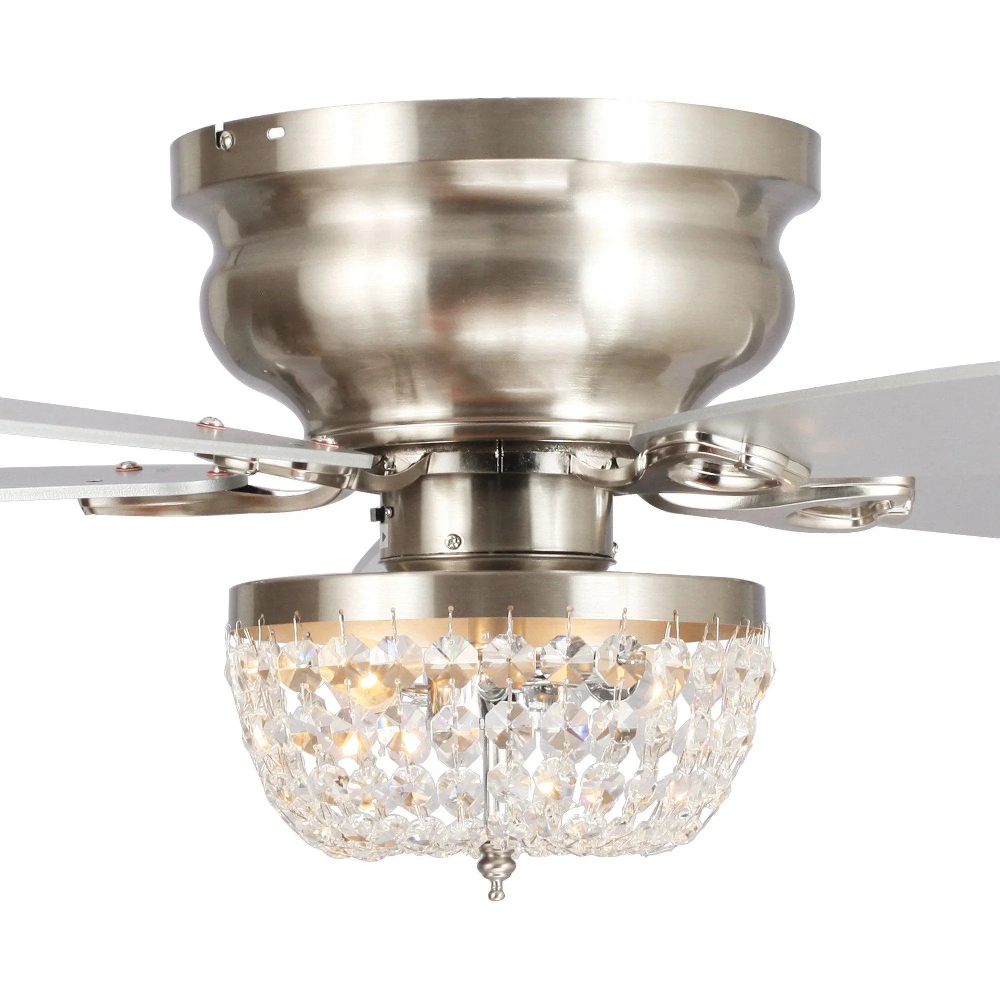Brushed nickel ceiling fan light fixture with faceted crystal shade close-up