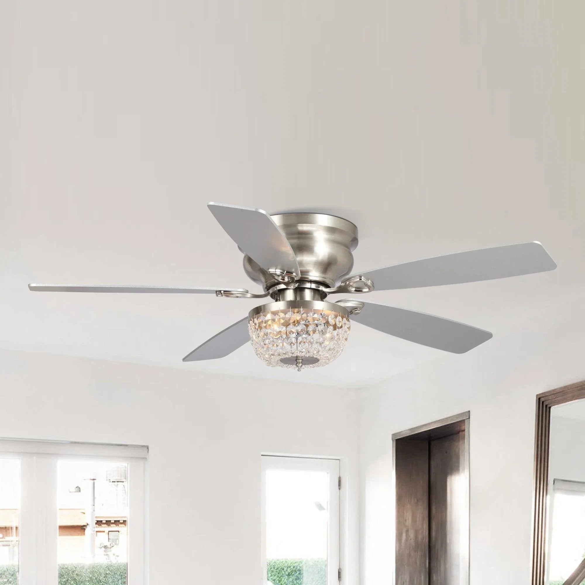 Brushed nickel flush-mount ceiling fan with crystal light and 5 blades