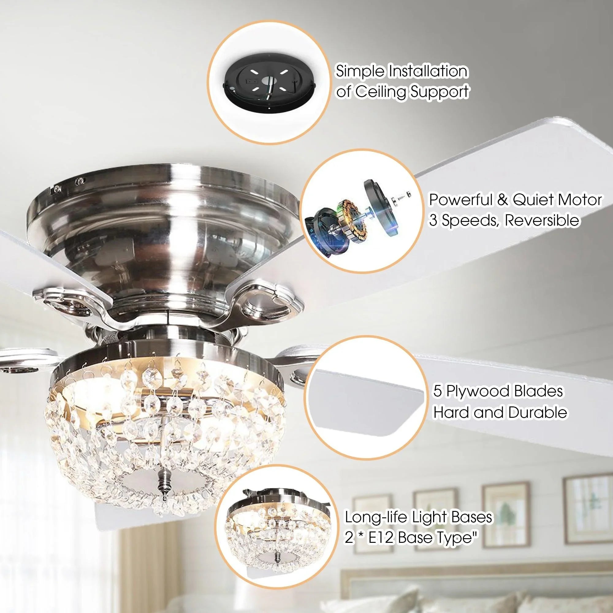 Brushed nickel flush mount ceiling fan with crystal light fixture and wood blades