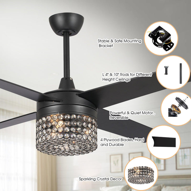 Parrot Uncle 48-Inch Pune Modern Downrod Mount Reversible Crystal Ceiling Fan with Lighting and Remote Control (F6306Q110V)