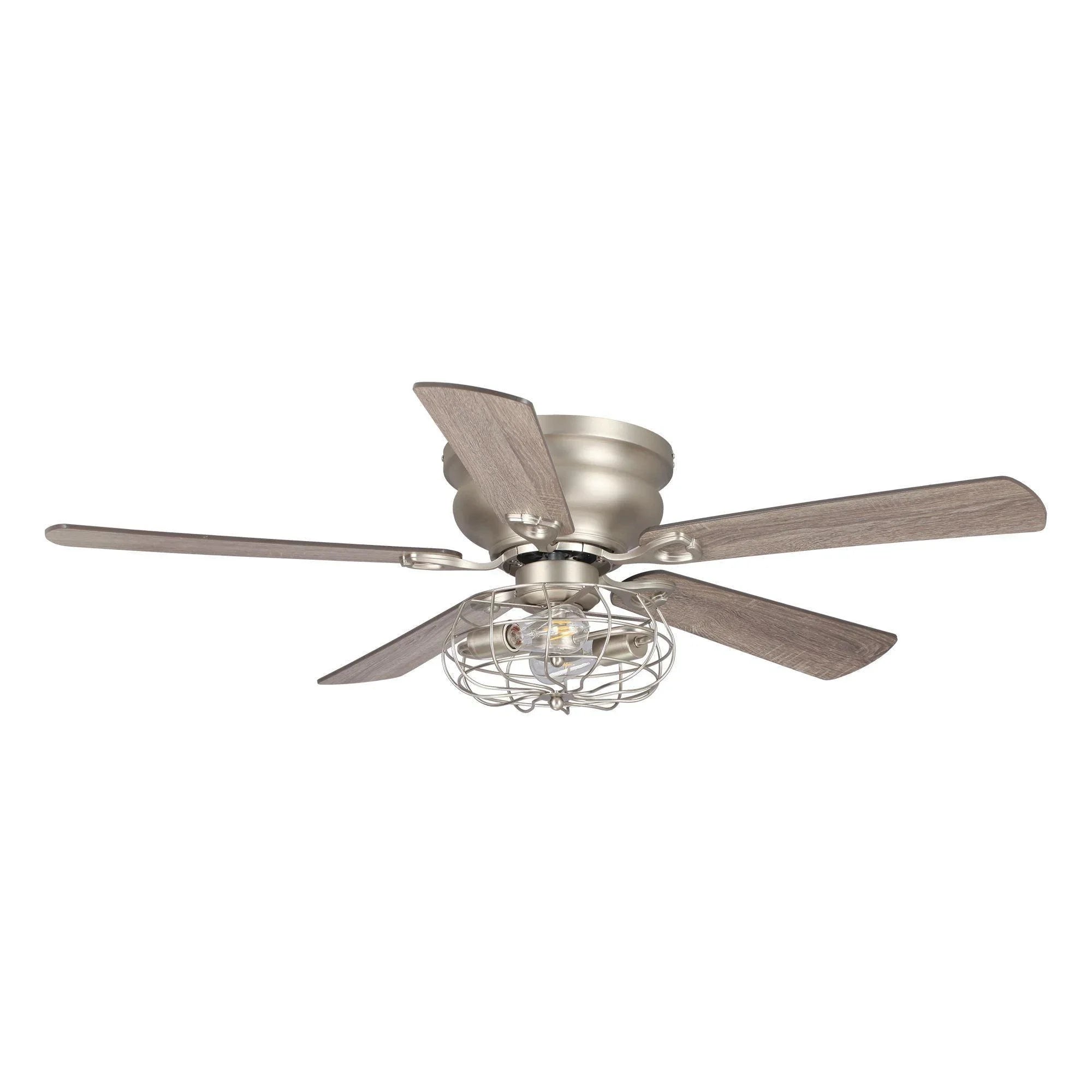 Satin nickel flush-mount ceiling fan with 5 reversible blades and light fixture