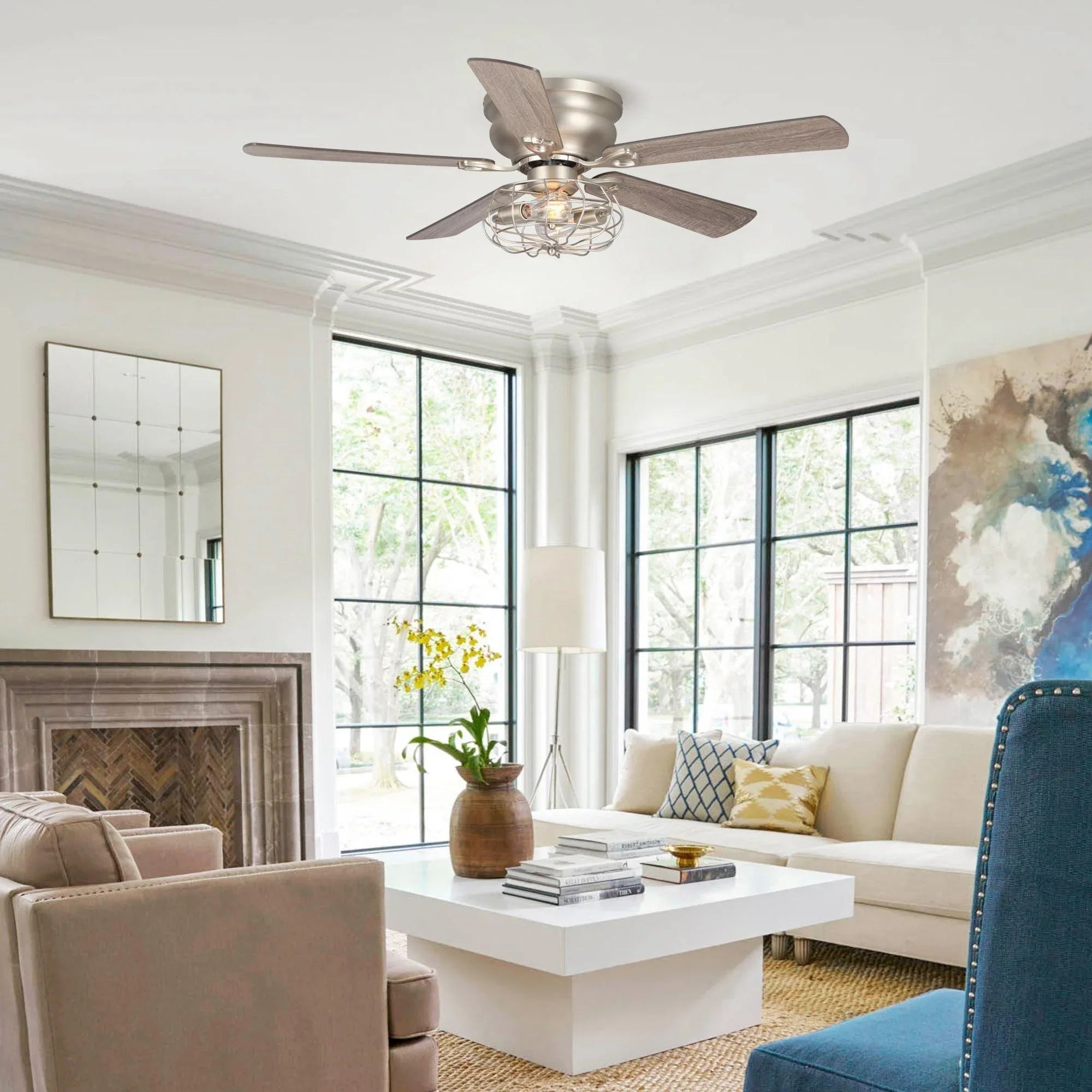 Satin nickel ceiling fan with 5 reversible blades and wired light fixture