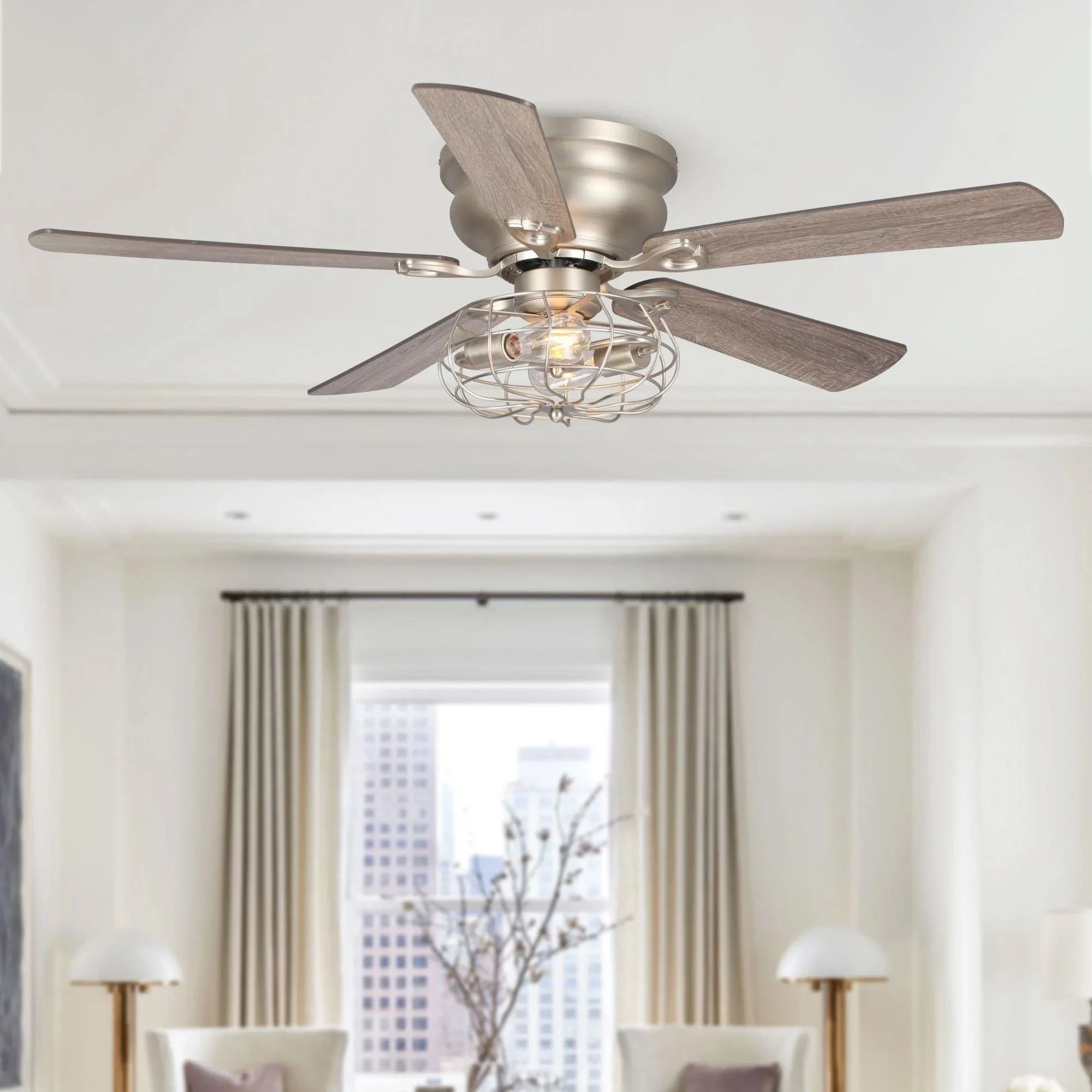 Satin nickel flush-mount ceiling fan with 5 reversible blades and illuminated light