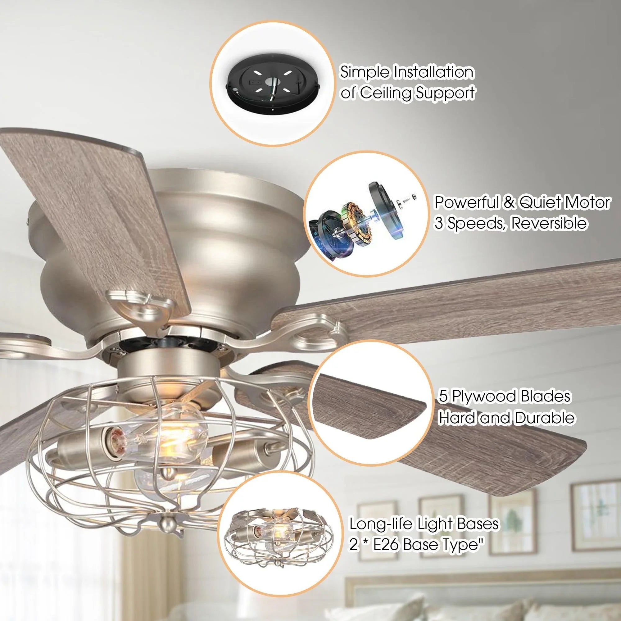 Satin nickel reversible ceiling fan with 5 blades and integrated light fixture