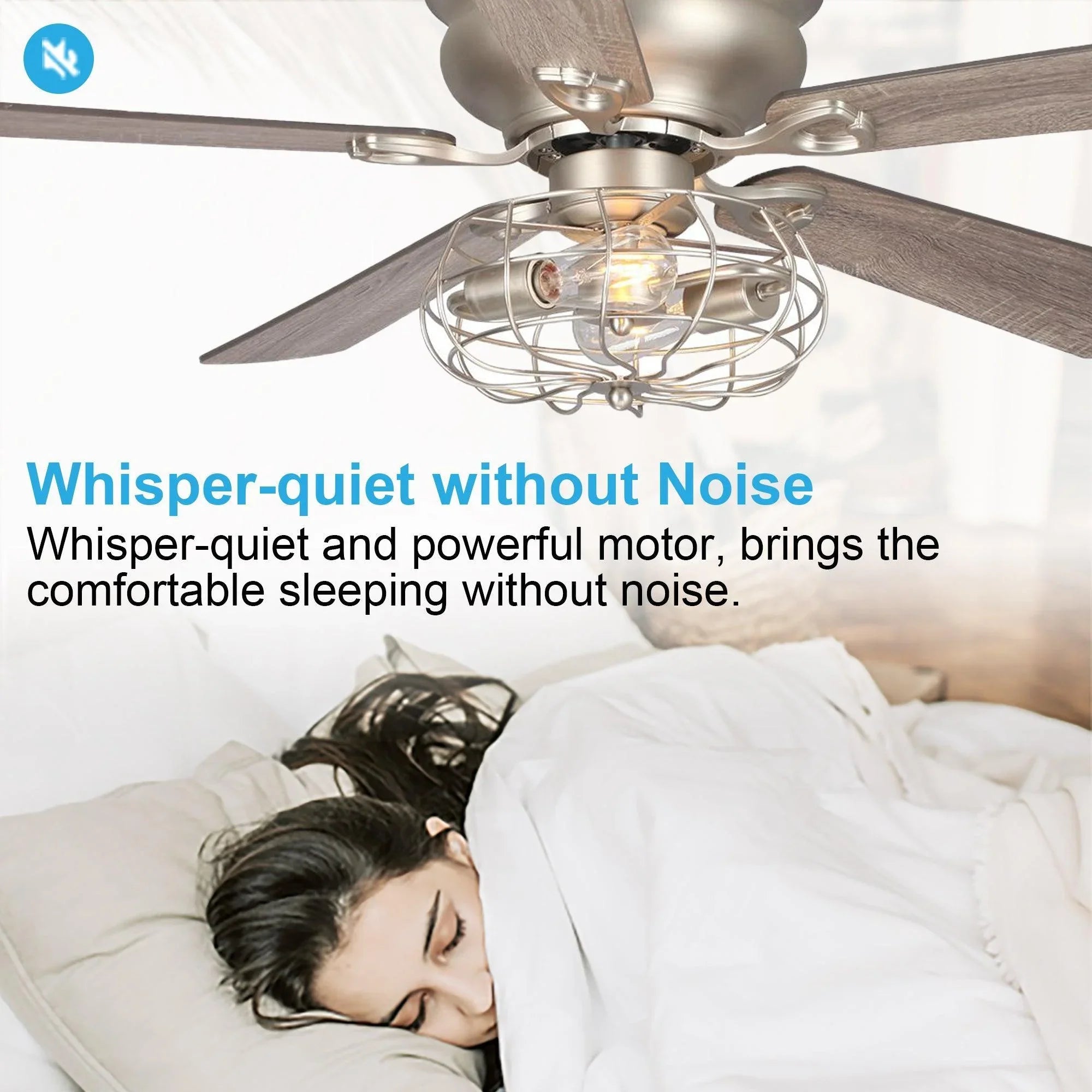 Satin nickel ceiling fan with wire light cage and reversible blades